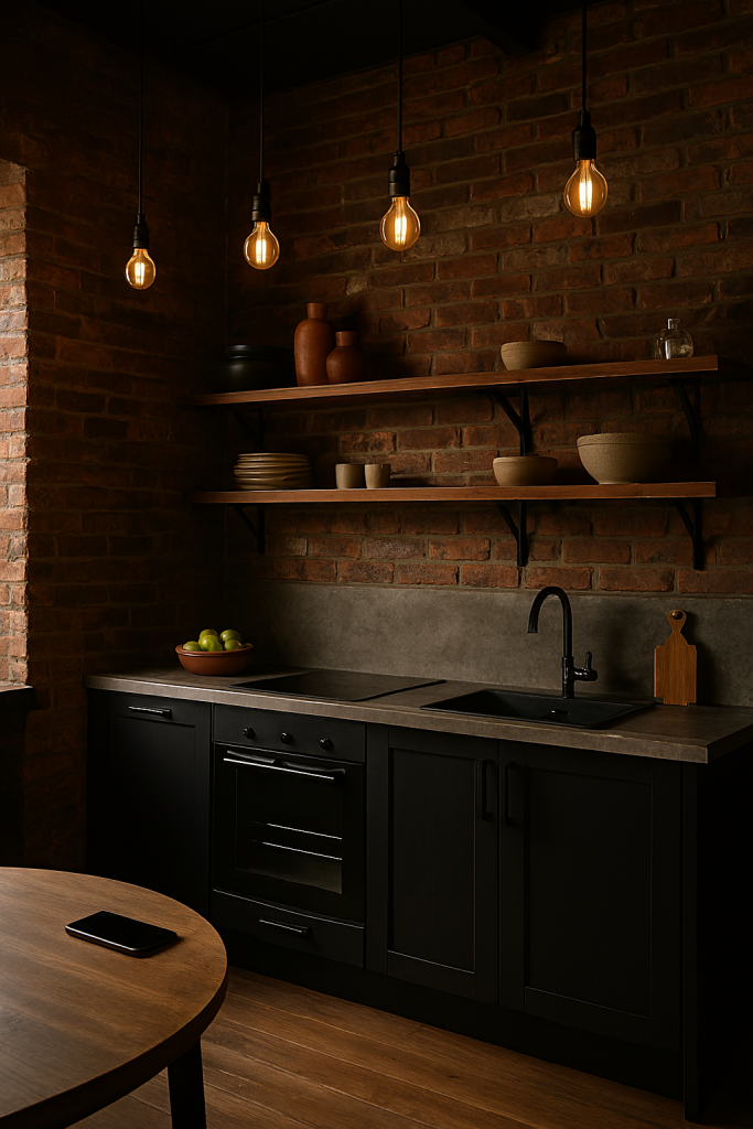 Industrial modern black kitchen with black cabinets, exposed brick walls, and concrete countertops
