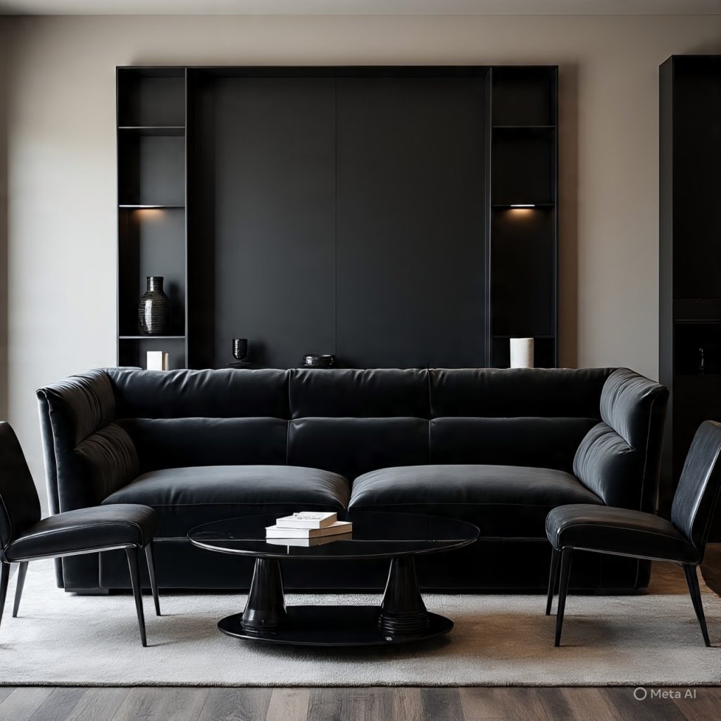 Modern drawing room with sleek black furniture including black velvet sofa, leather chairs, and marble coffee table