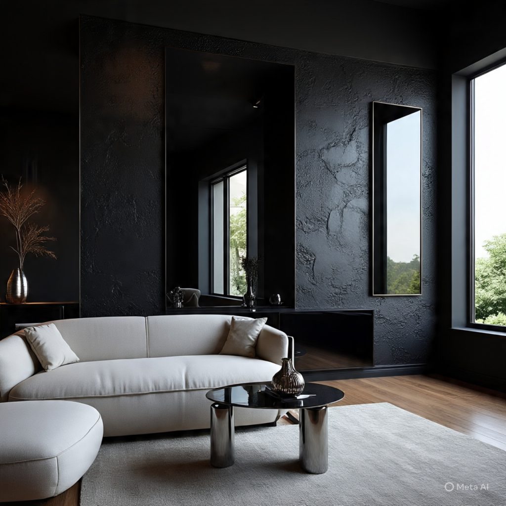 Modern drawing room with bold black walls, light furniture, and metallic accents