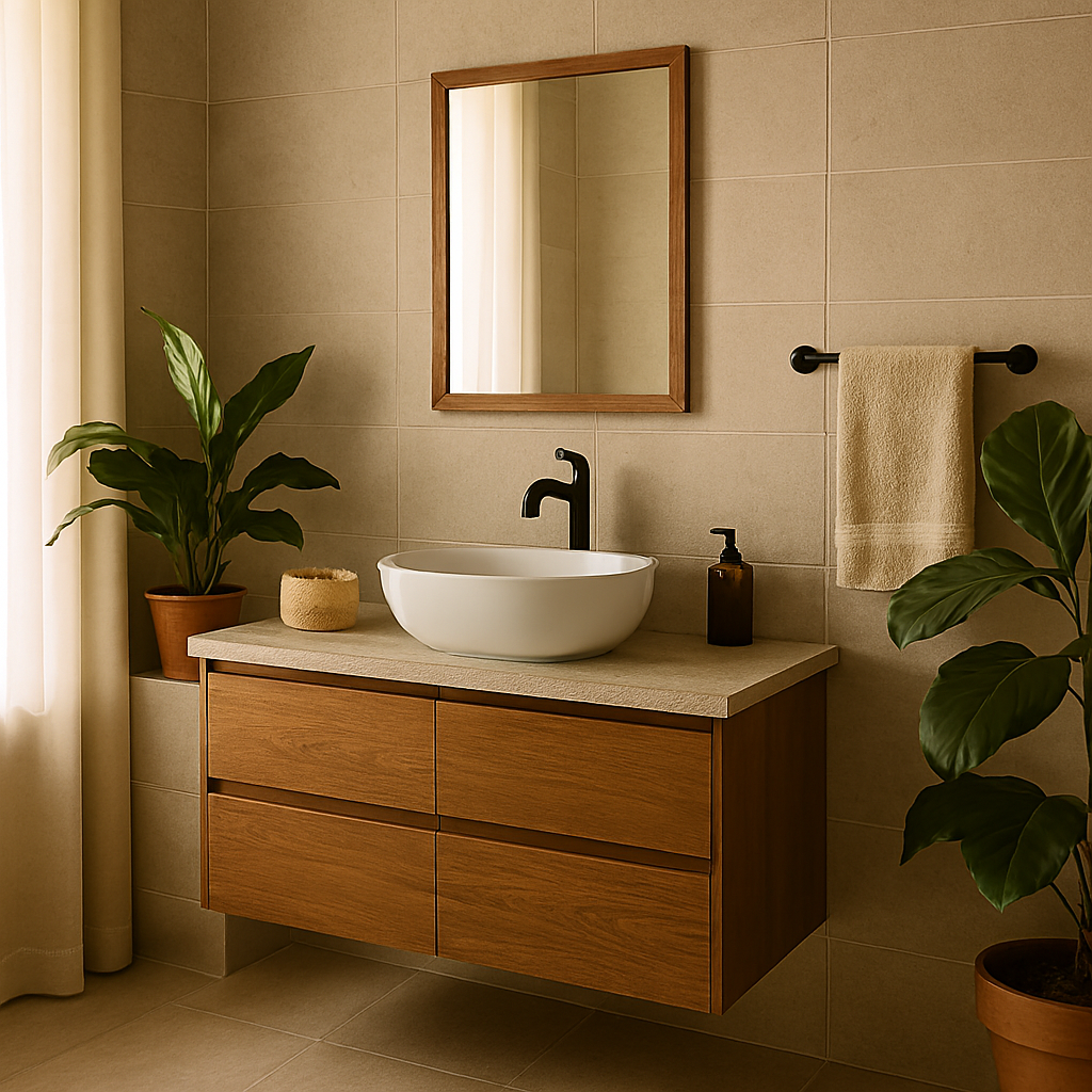 Modern bathroom with indoor plants, wooden vanity, and natural finishes