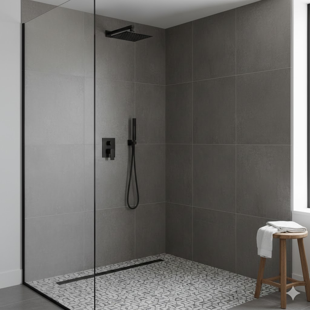 Walk-in shower with large gray tiles and black modern fixtures