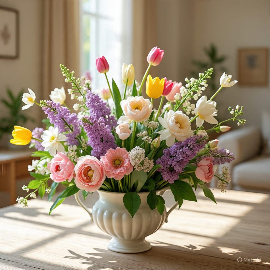 Spring flower arrangement with tulips, daffodils, peonies, and soft pastel colors