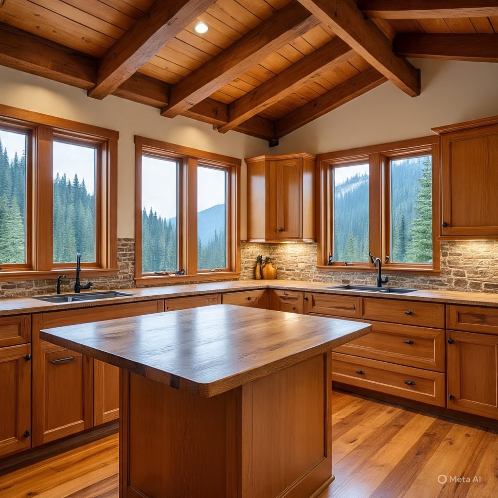 Mountain kitchen with solid wood cabinets, exposed beams, and natural stone finishes for a rustic yet stylish interior