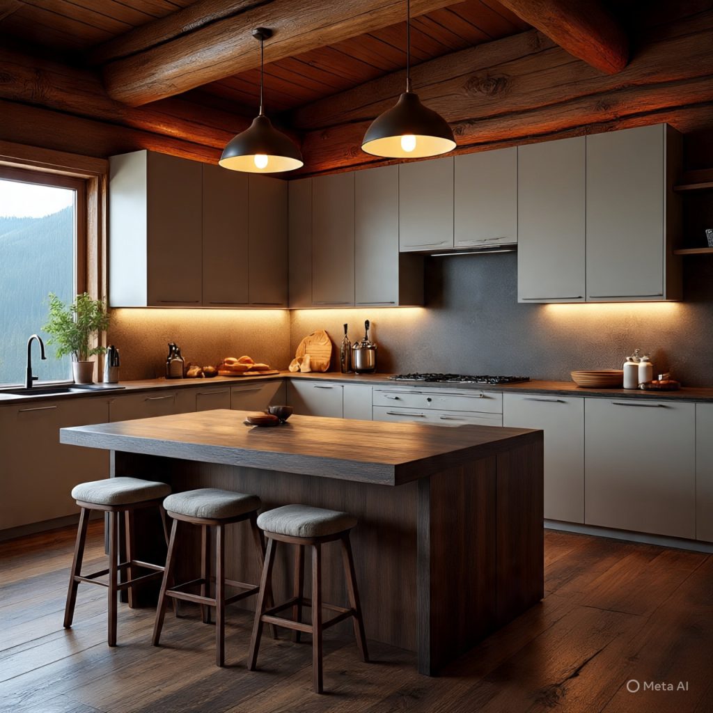 Modern mountain kitchen with rustic wood textures, smart appliances, and a functional island with seating