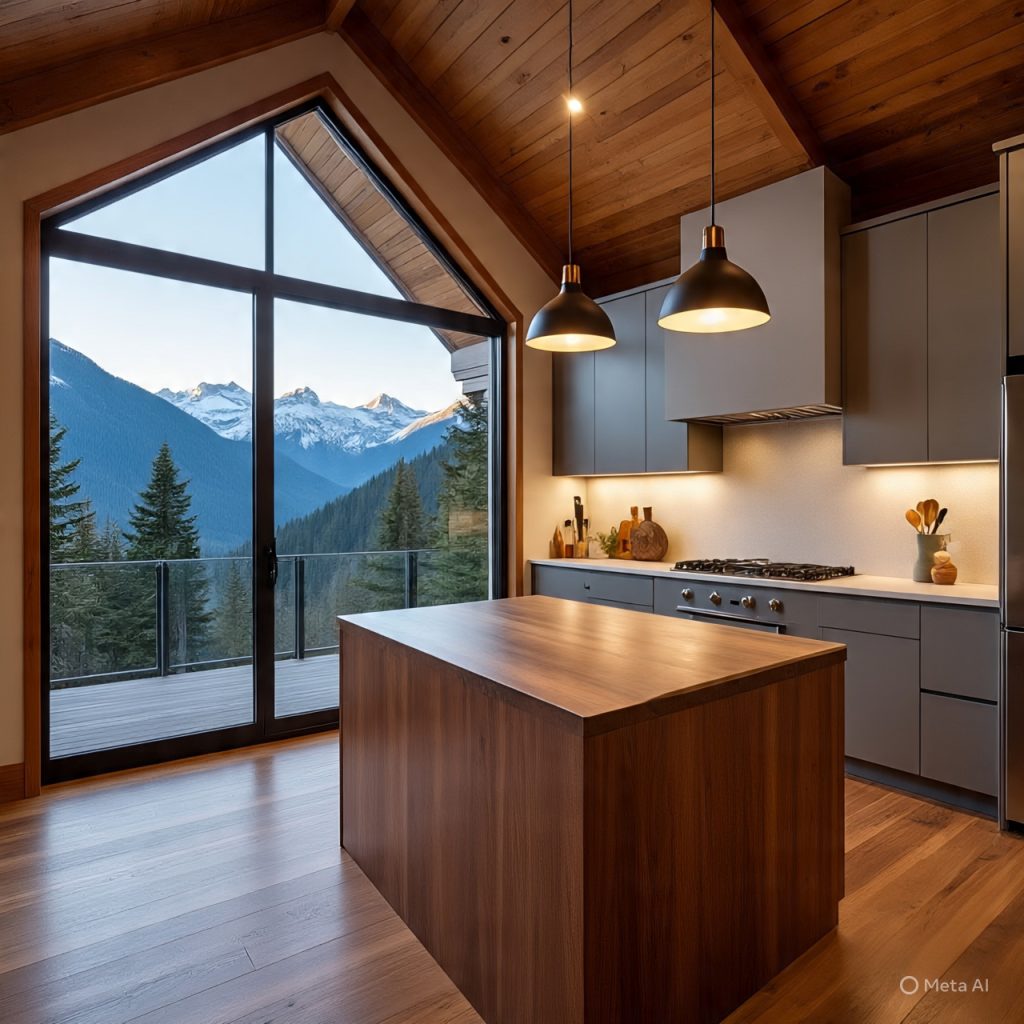 Mountain kitchen interior with natural light, warm pendant lighting, and large windows overlooking scenic mountains