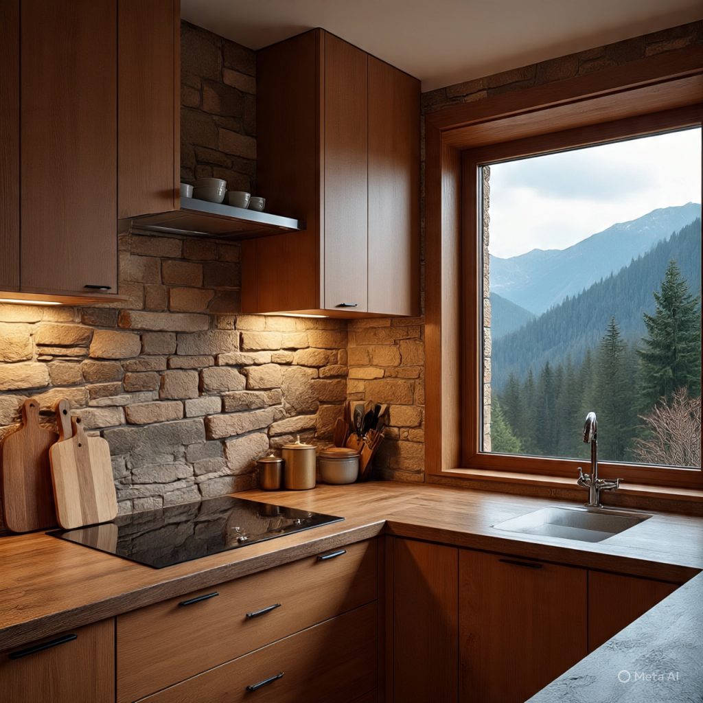 Mountain kitchen with natural stone backsplash, wooden cabinets, and warm lighting inspired by alpine landscapes