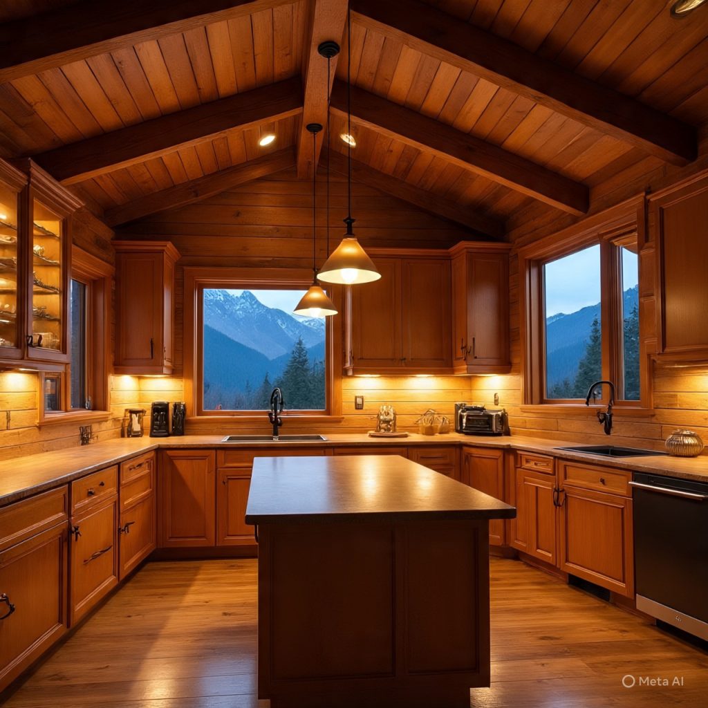 Mountain kitchen illuminated with warm ambient lighting, wooden beams, and rustic alpine details
