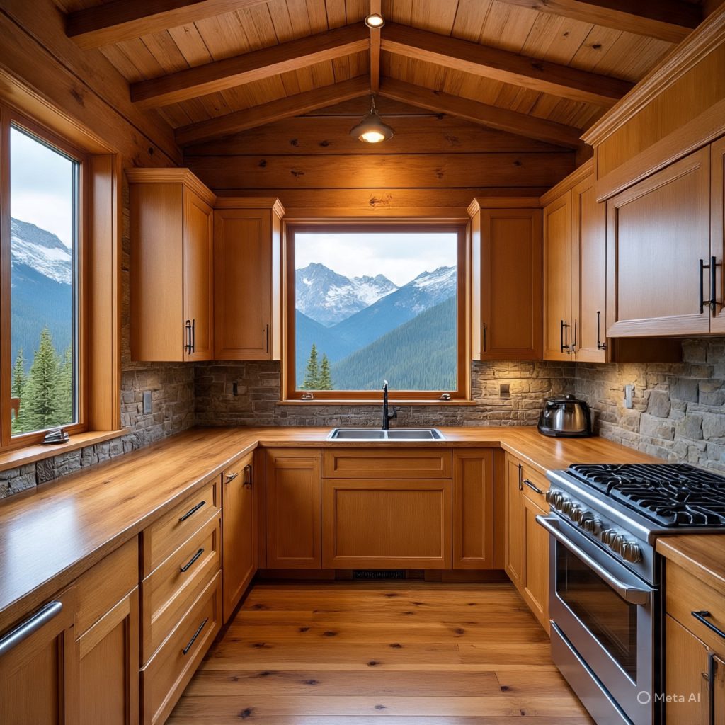 Mountain kitchen with large windows offering scenic mountain views and natural daylight