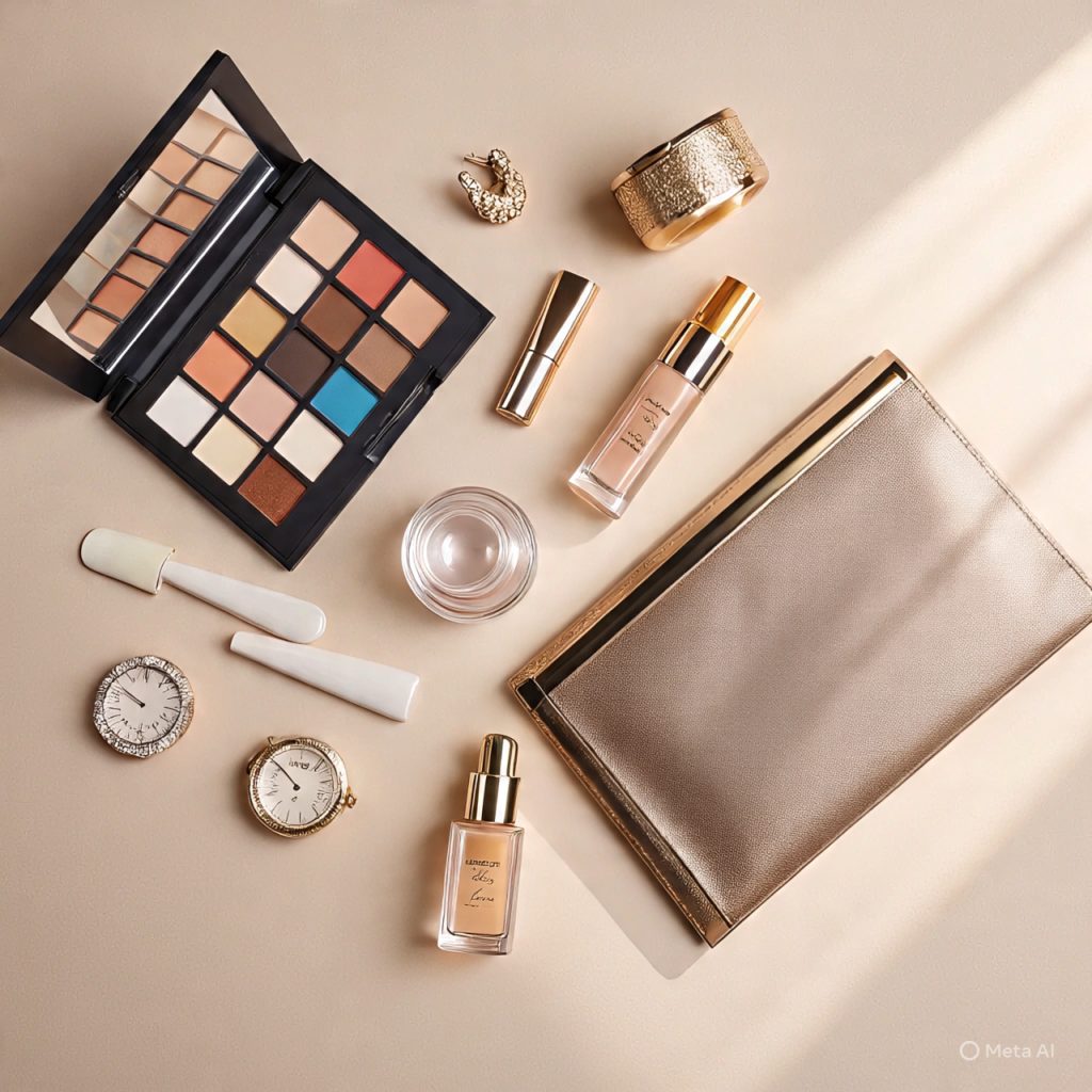 Women gift ideas featuring luxury cosmetics and stylish accessories arranged elegantly