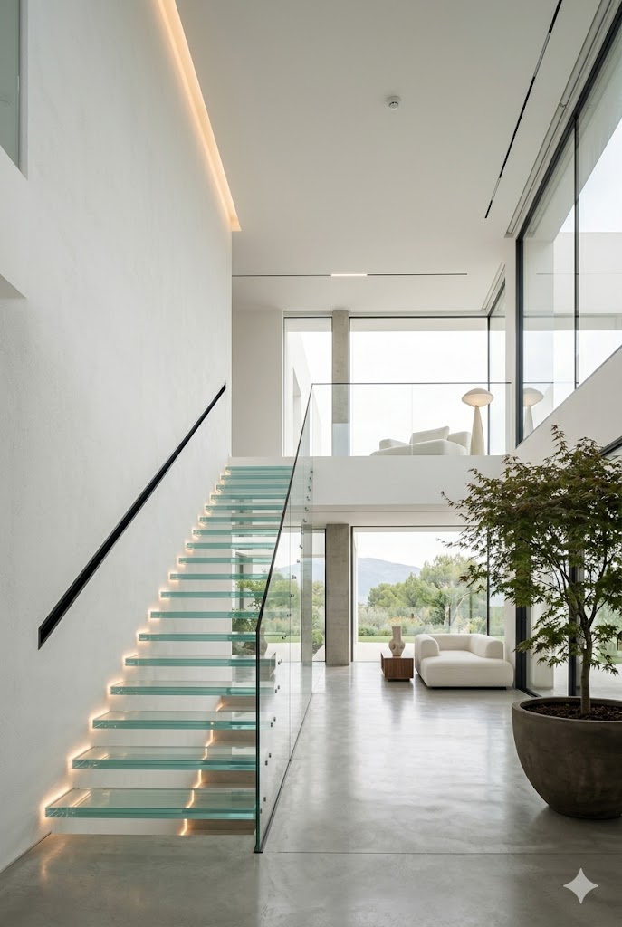 ultra-minimalist floating glass staircase
