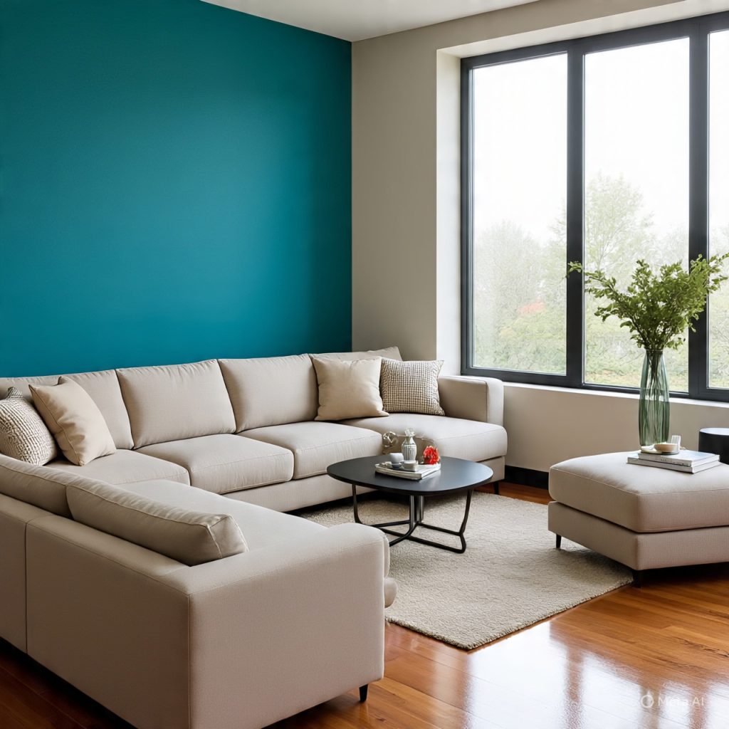 Teal accent wall in a modern living room with neutral furniture