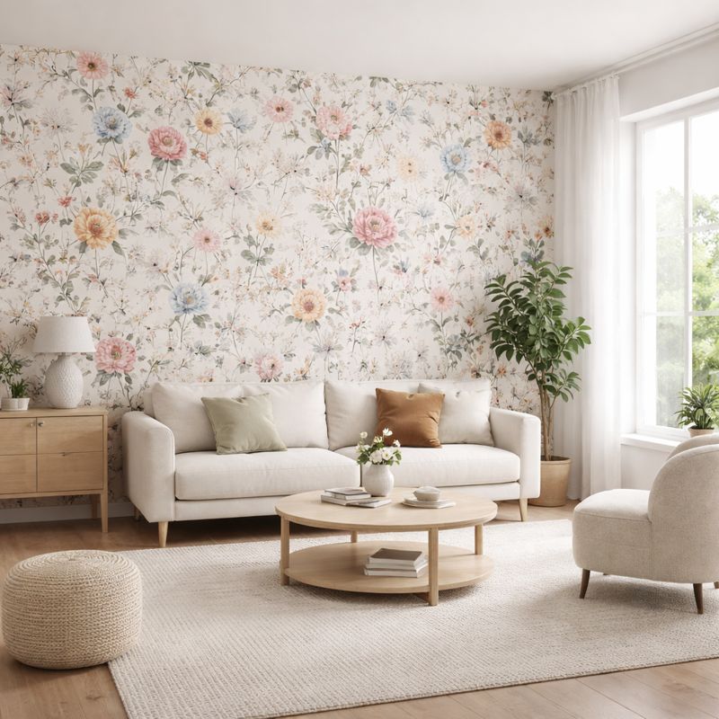 Patterned wallpaper creating a vibrant living room interior
