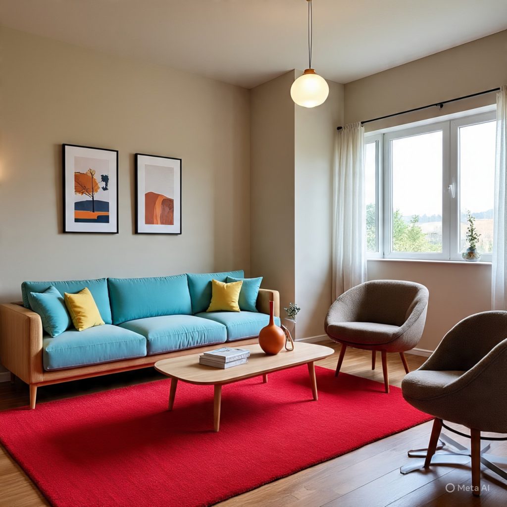 Small colorful décor accents like vases and bowls in living room