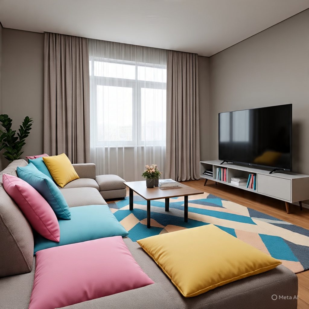 Balanced mix of bright and muted colors in living room interior