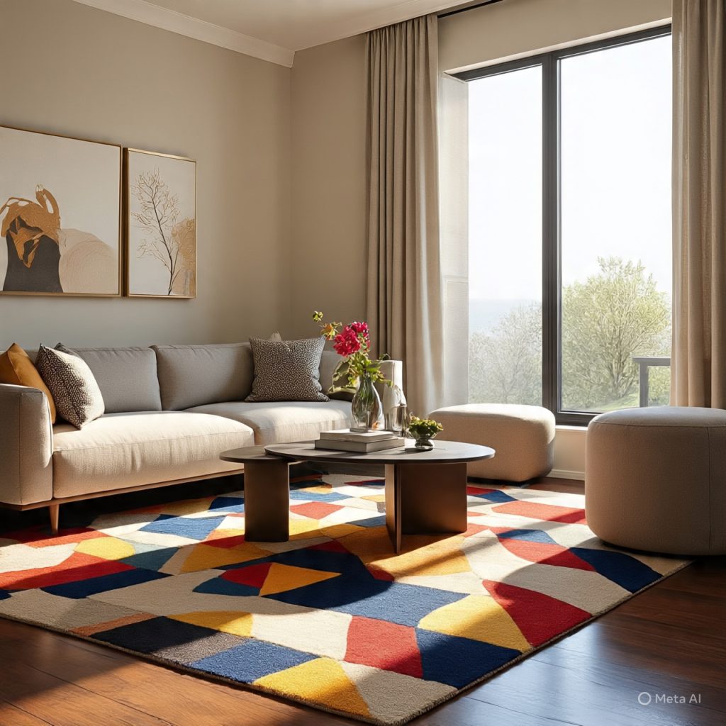 Vibrant geometric rug in contemporary living room