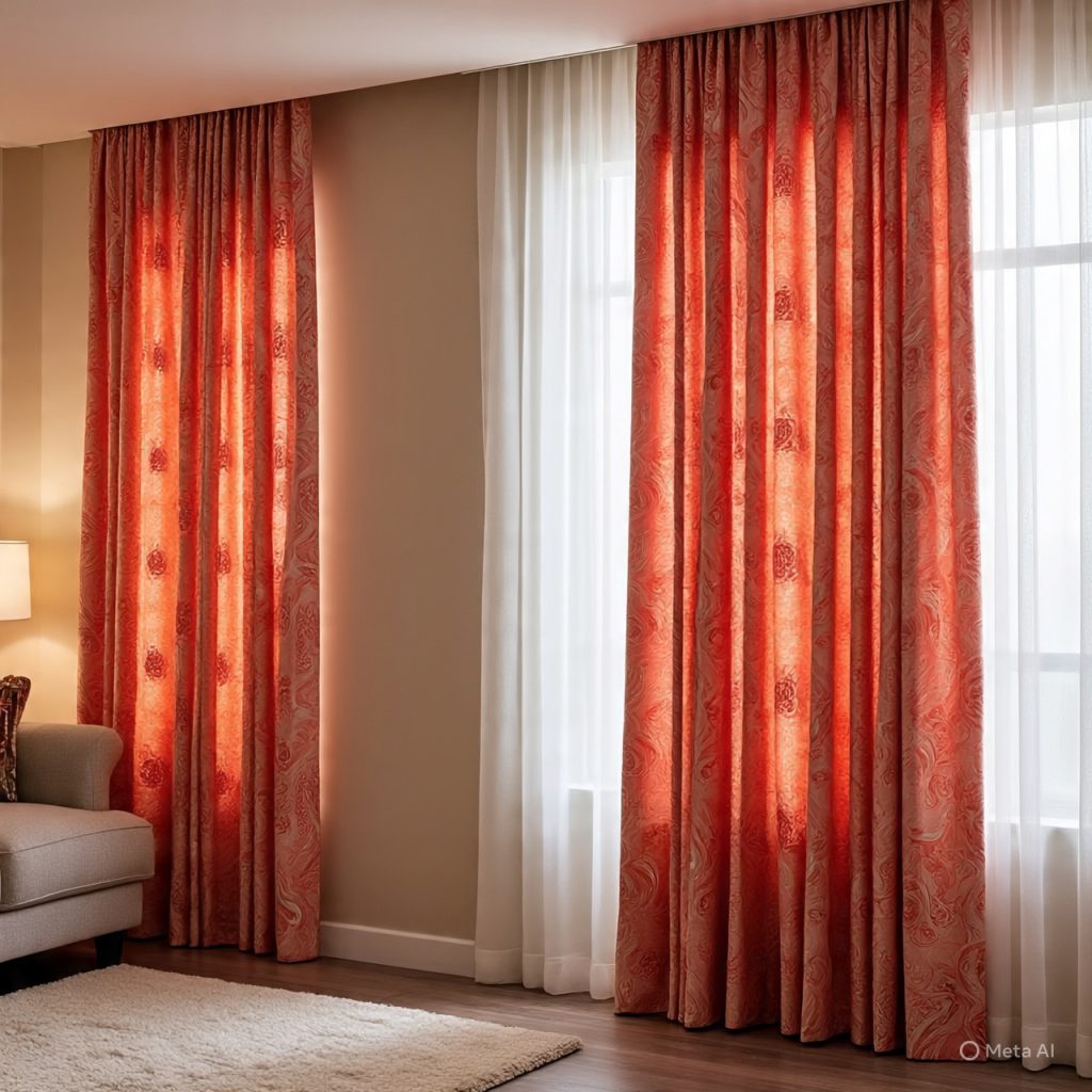 Bold patterned curtains enhancing a colorful living room