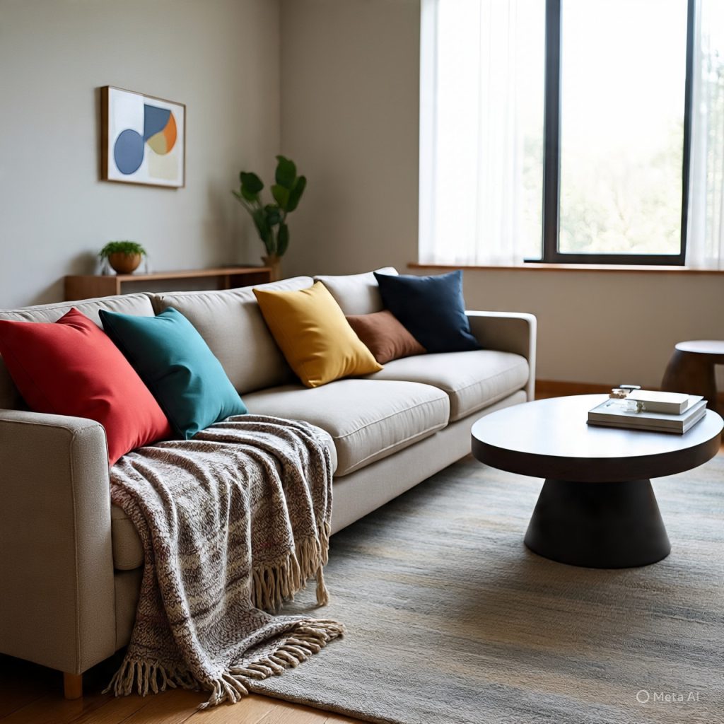 Layered cushions and throws on a neutral sofa in living room