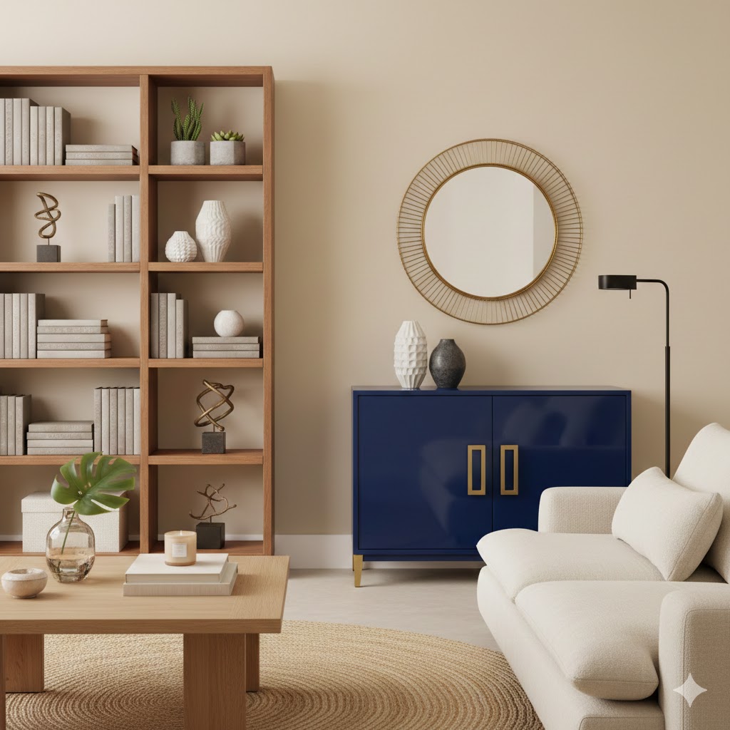 Colorful accent cabinet adding style and storage in living room