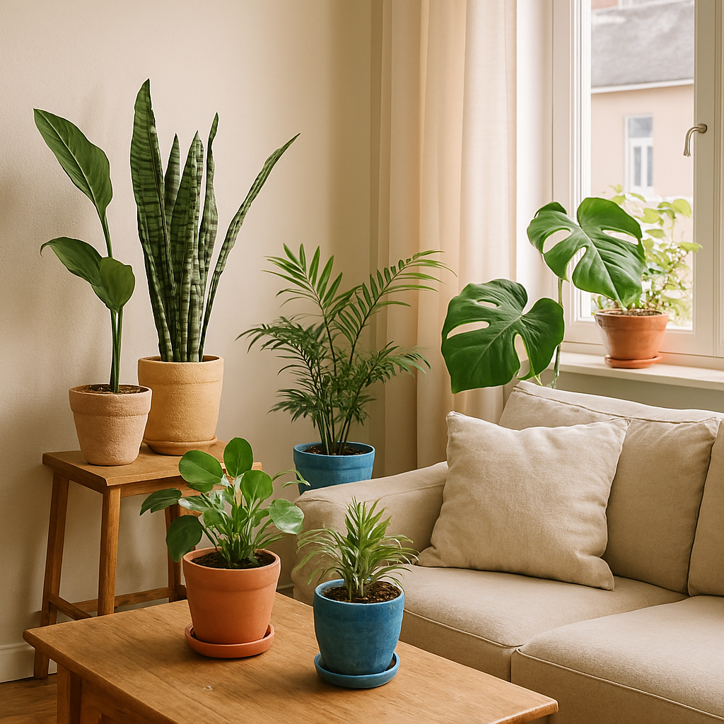 Indoor plants in colorful planters in a living room