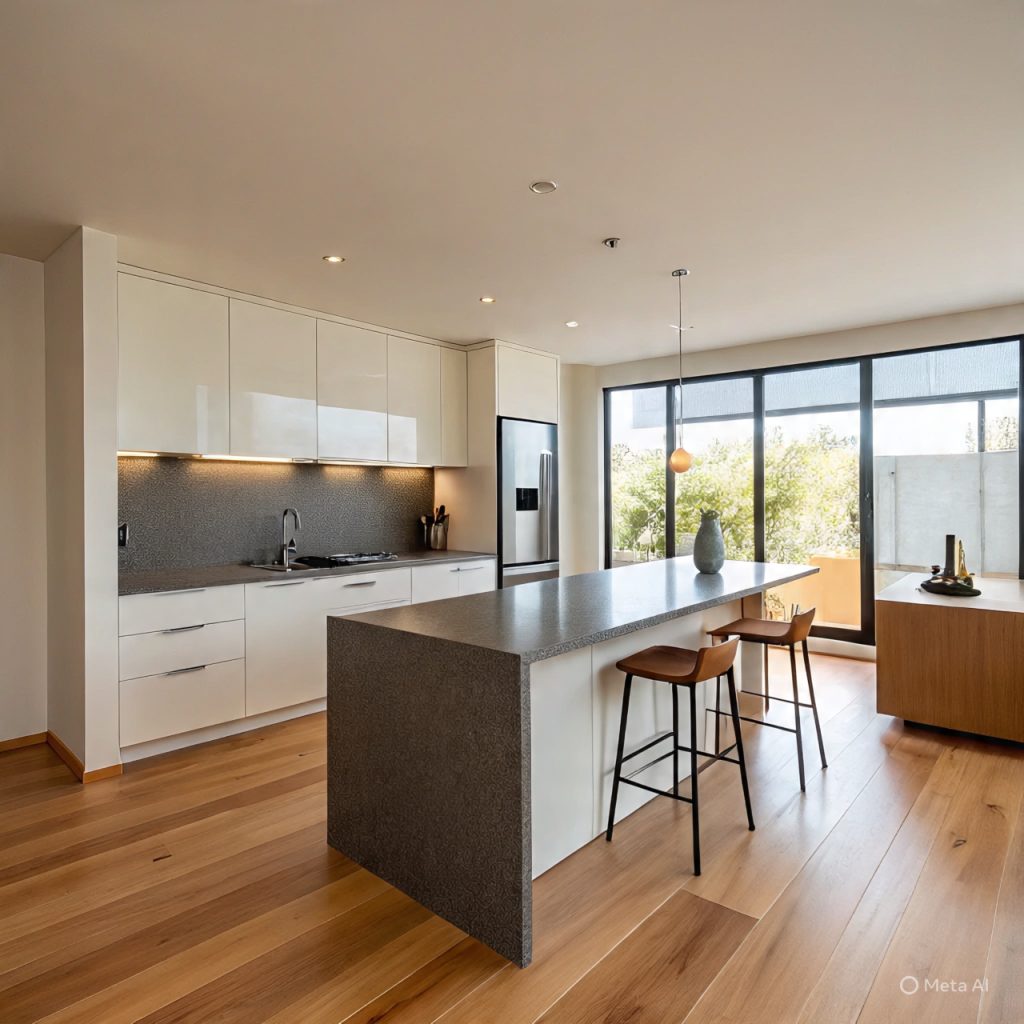Modern kitchen design with handle-less cabinetry, integrated appliances, stone island, and open-plan layout