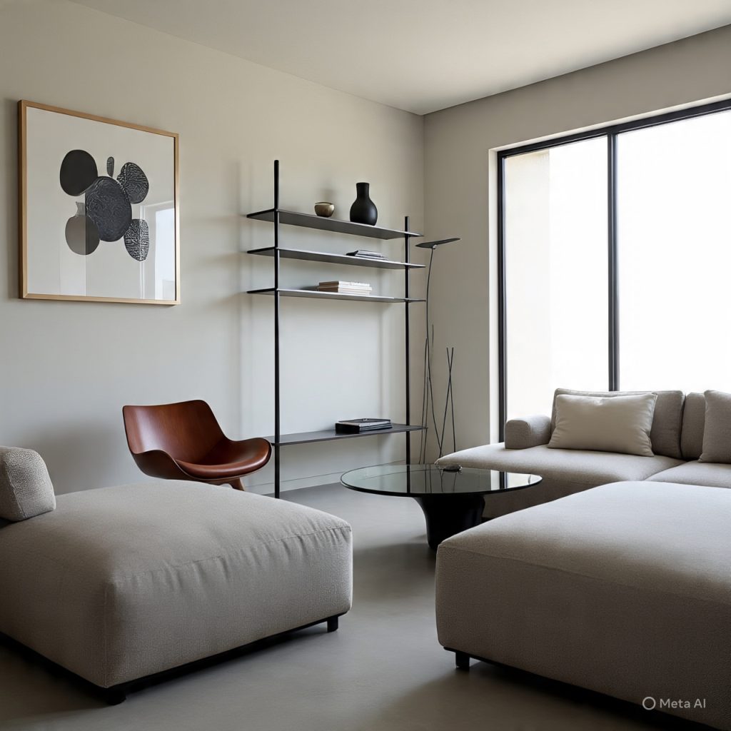 Modern home furniture with clean silhouettes, modular sofa, minimalist shelving, and sculptural design
