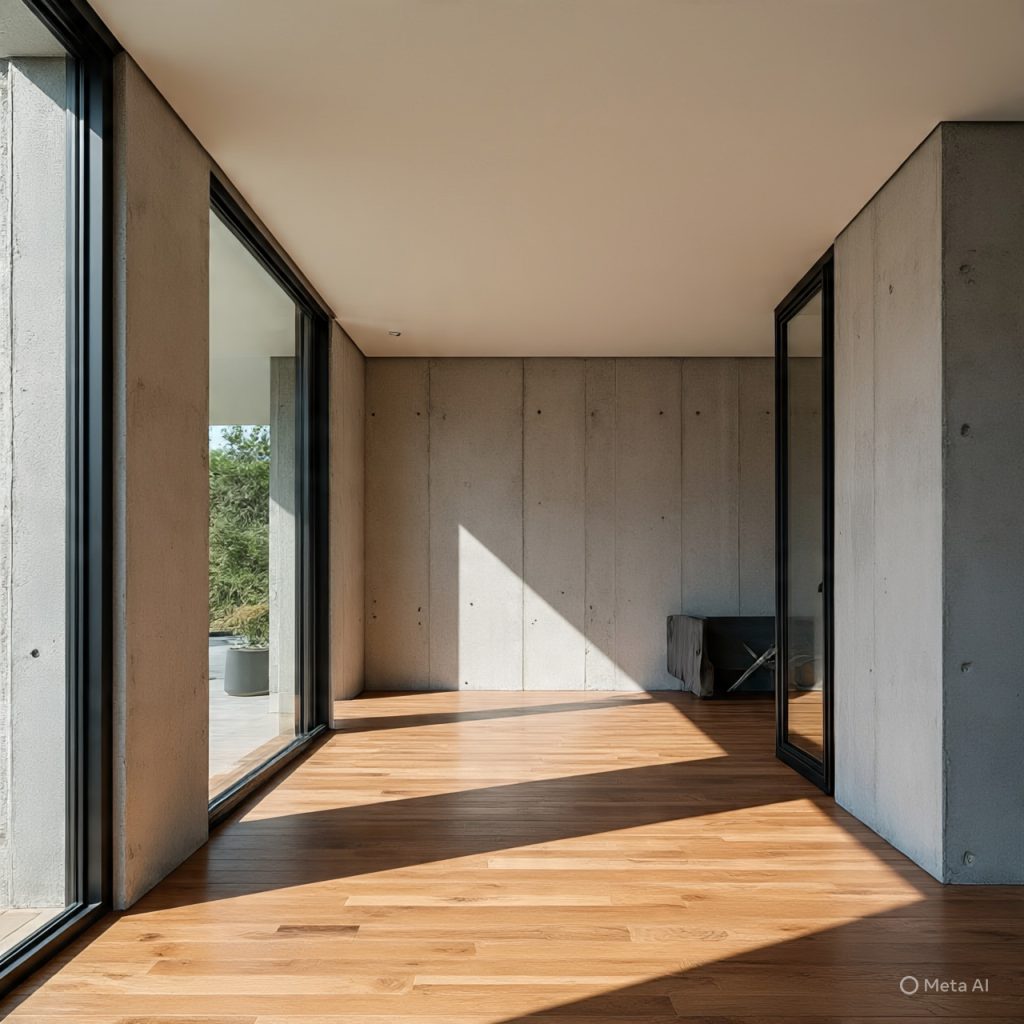 Modern homes interior featuring concrete walls, glass panels, wood flooring, metal accents, and natural stone finishes