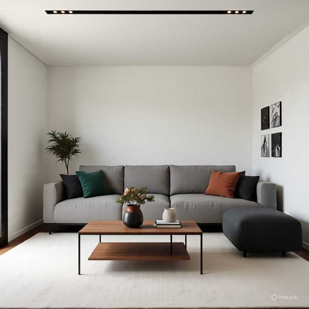 Modern interior with neutral color palette using white, grey, black tones and subtle green and terracotta accents
