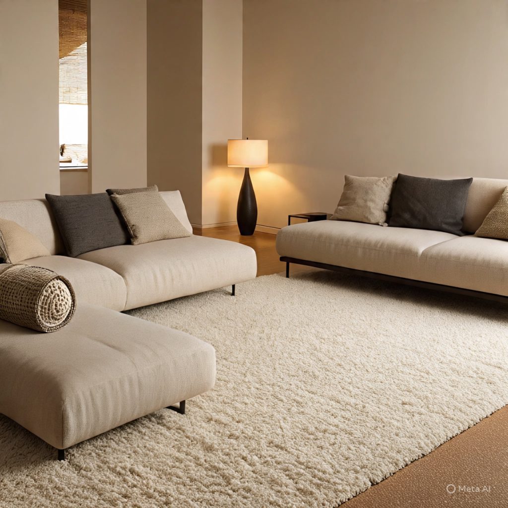 Comfortable minimalist living room with soft furnishings, textured rugs, and warm lighting in a modern home