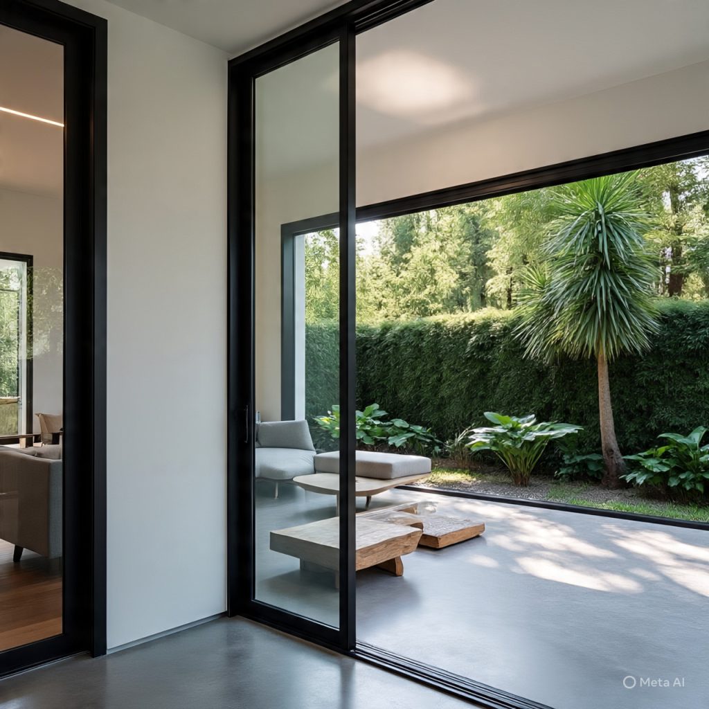 Modern home with sliding glass doors connecting interior space to a minimalist outdoor patio