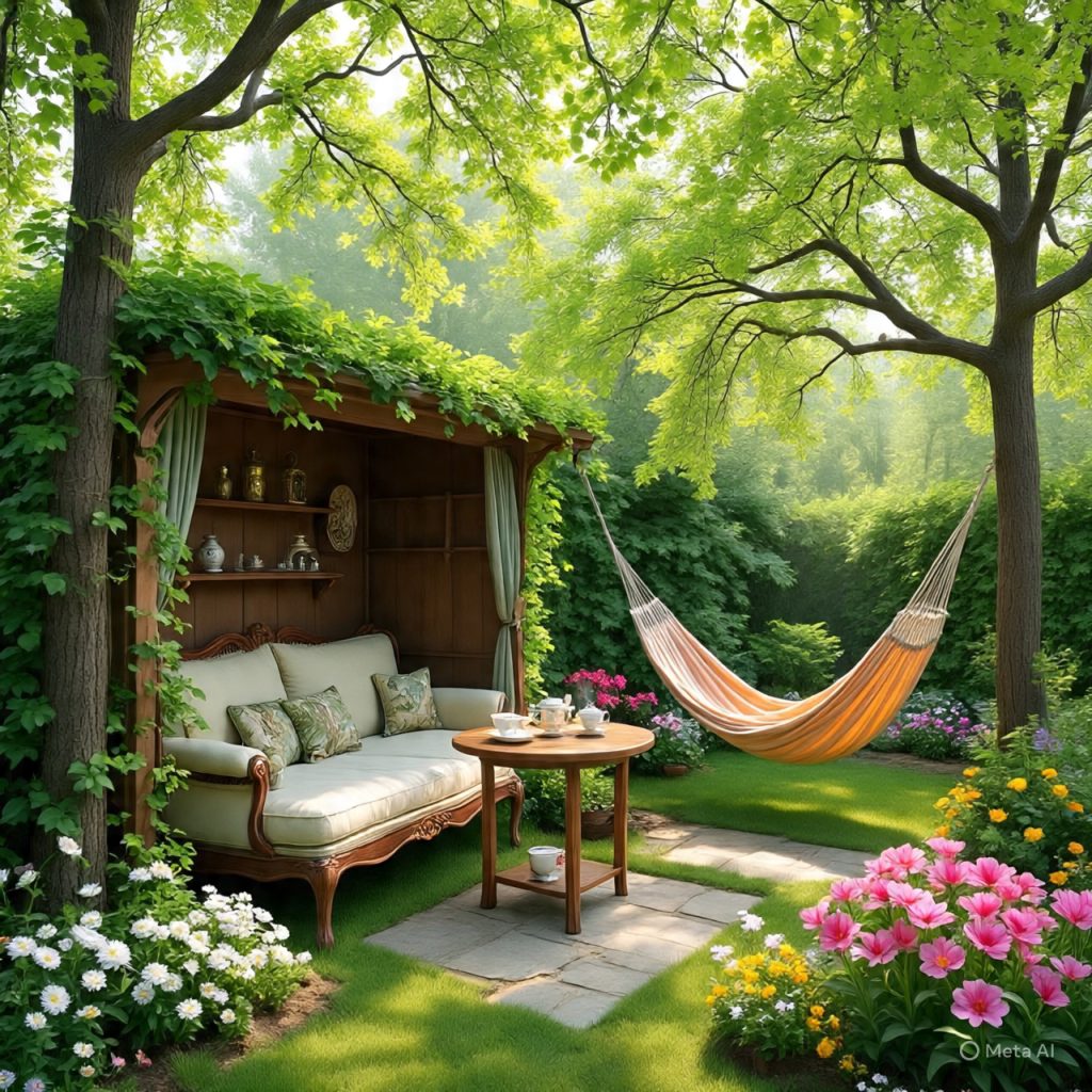 Cozy garden retreat with seating area, tea table, and flowering plants in a peaceful cottage-style garden