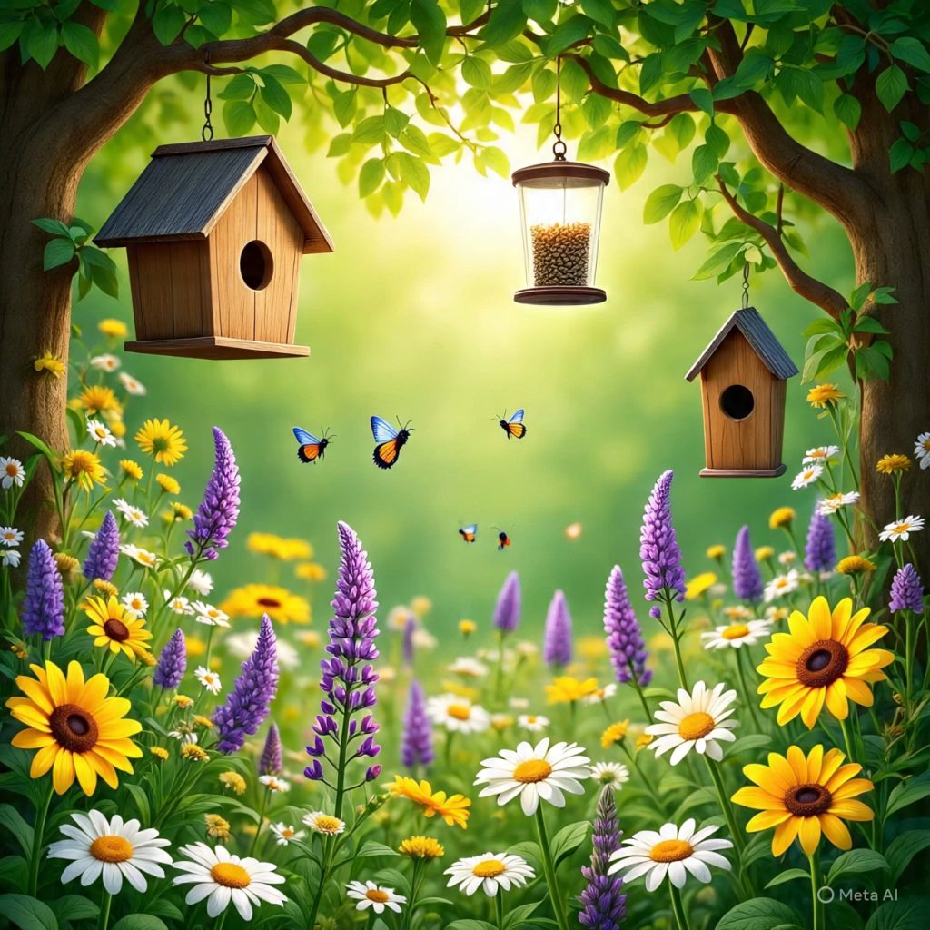 English cottage garden attracting birds, butterflies, and bees with birdhouses, wildflowers, and butterfly-friendly plants