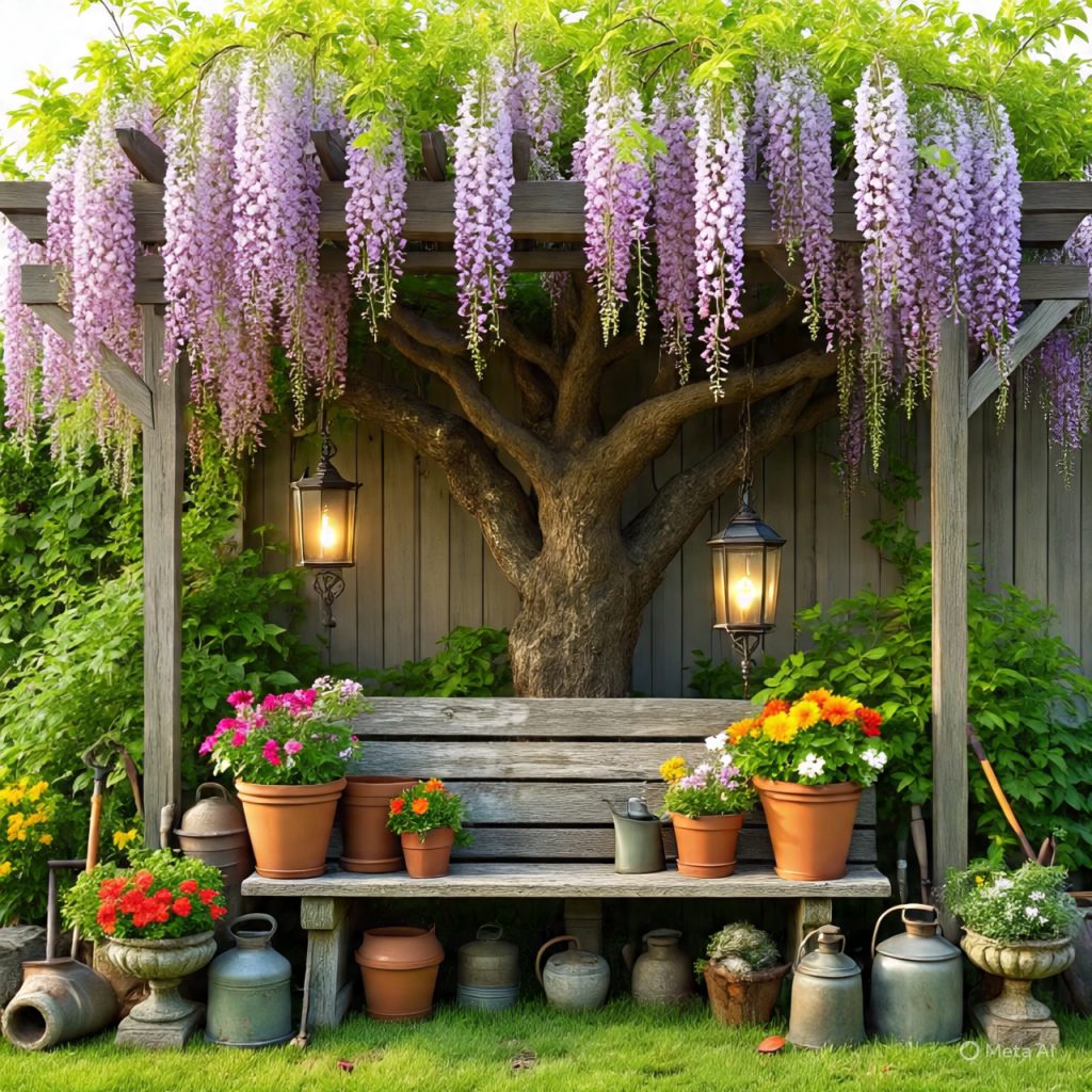 Rustic garden accessories in a cottage garden with wooden bench, terracotta pots, iron lanterns, and wisteria pergola