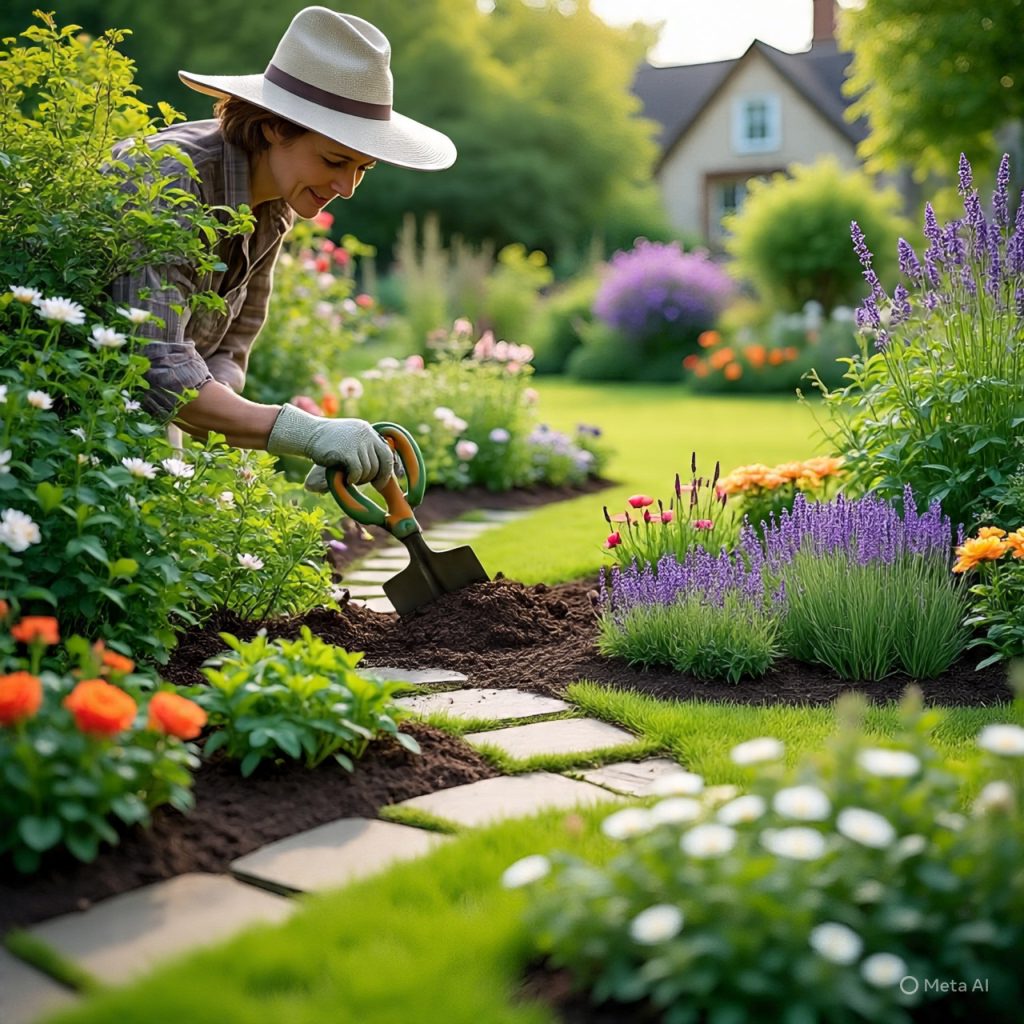 Maintaining an English cottage garden with pruning, deadheading flowers, composting soil, and caring for perennials