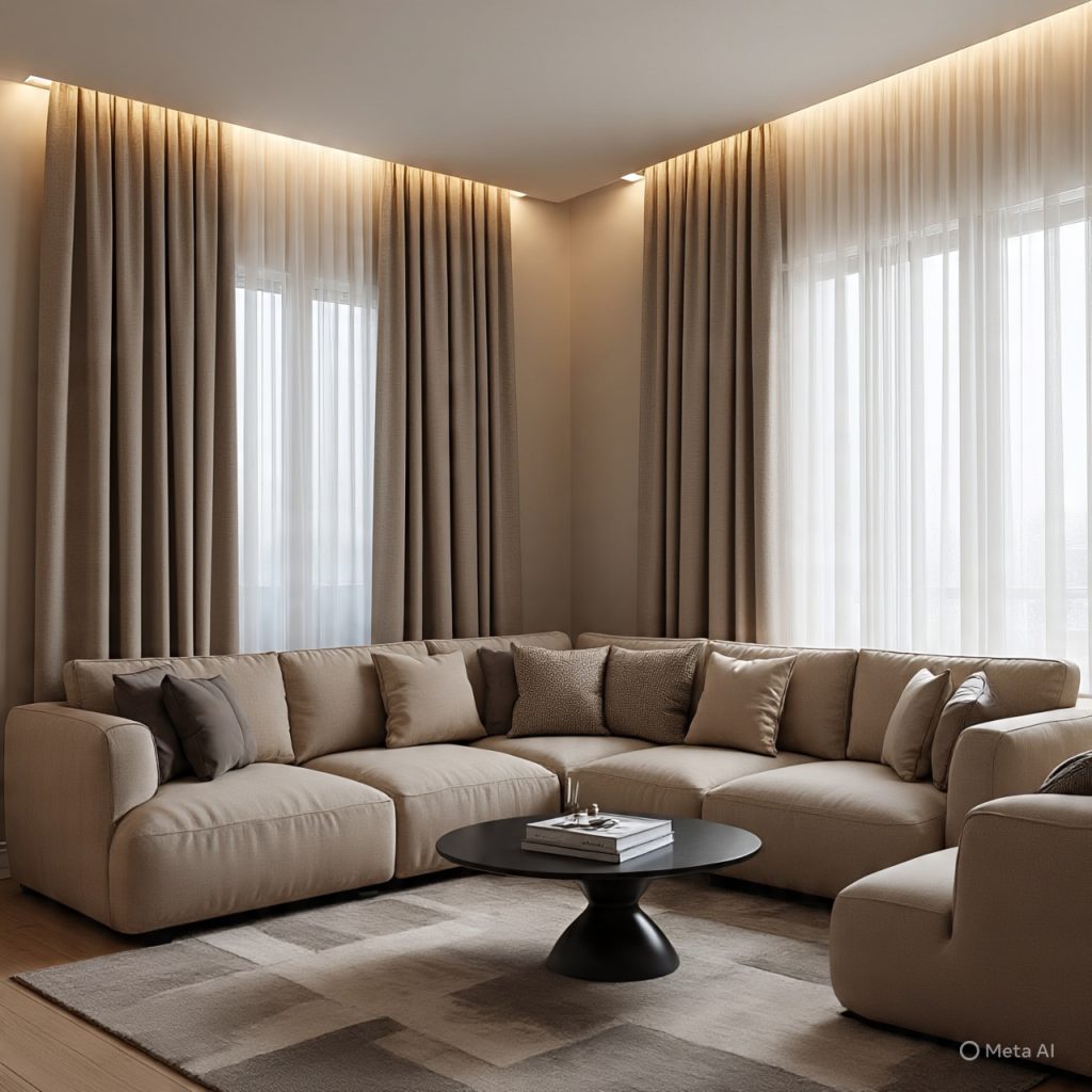 Modern living room curtain designs with color-coordinated curtains and soft neutral décor