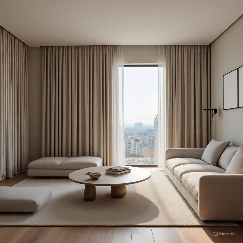 Modern living room curtain designs with floor-to-ceiling neutral curtains and layered sheer panels enhancing light, privacy, and contemporary décor