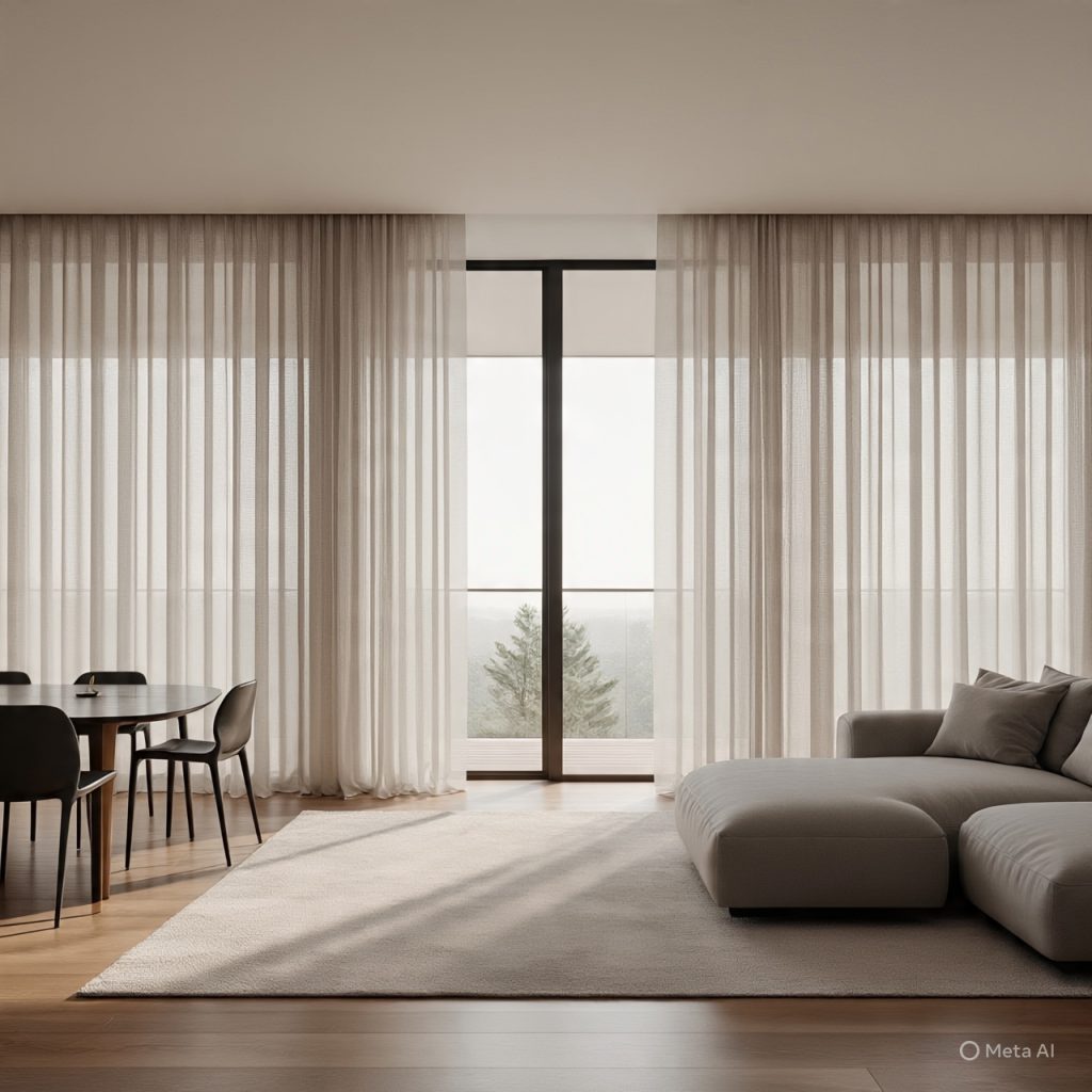Modern living room curtain designs used as sheer fabric space dividers in an open-plan interior