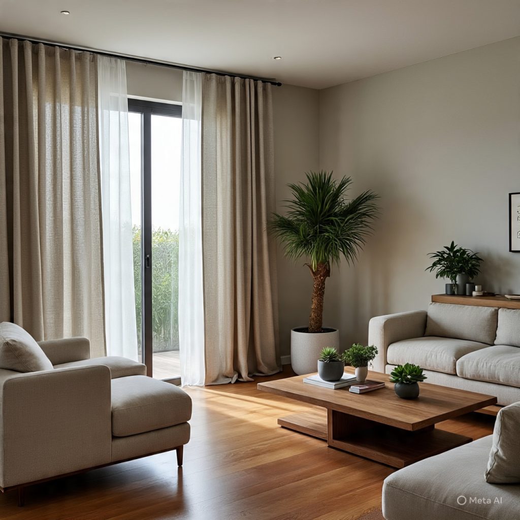 Modern living room curtain designs featuring sustainable linen fabric and natural textures
