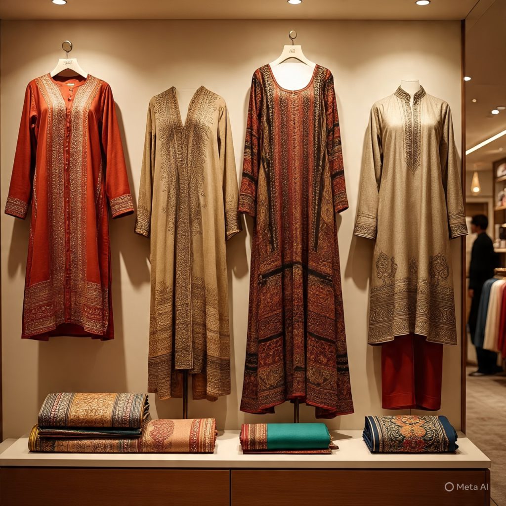 Handloom and embroidered garments displayed in a modern international fashion boutique