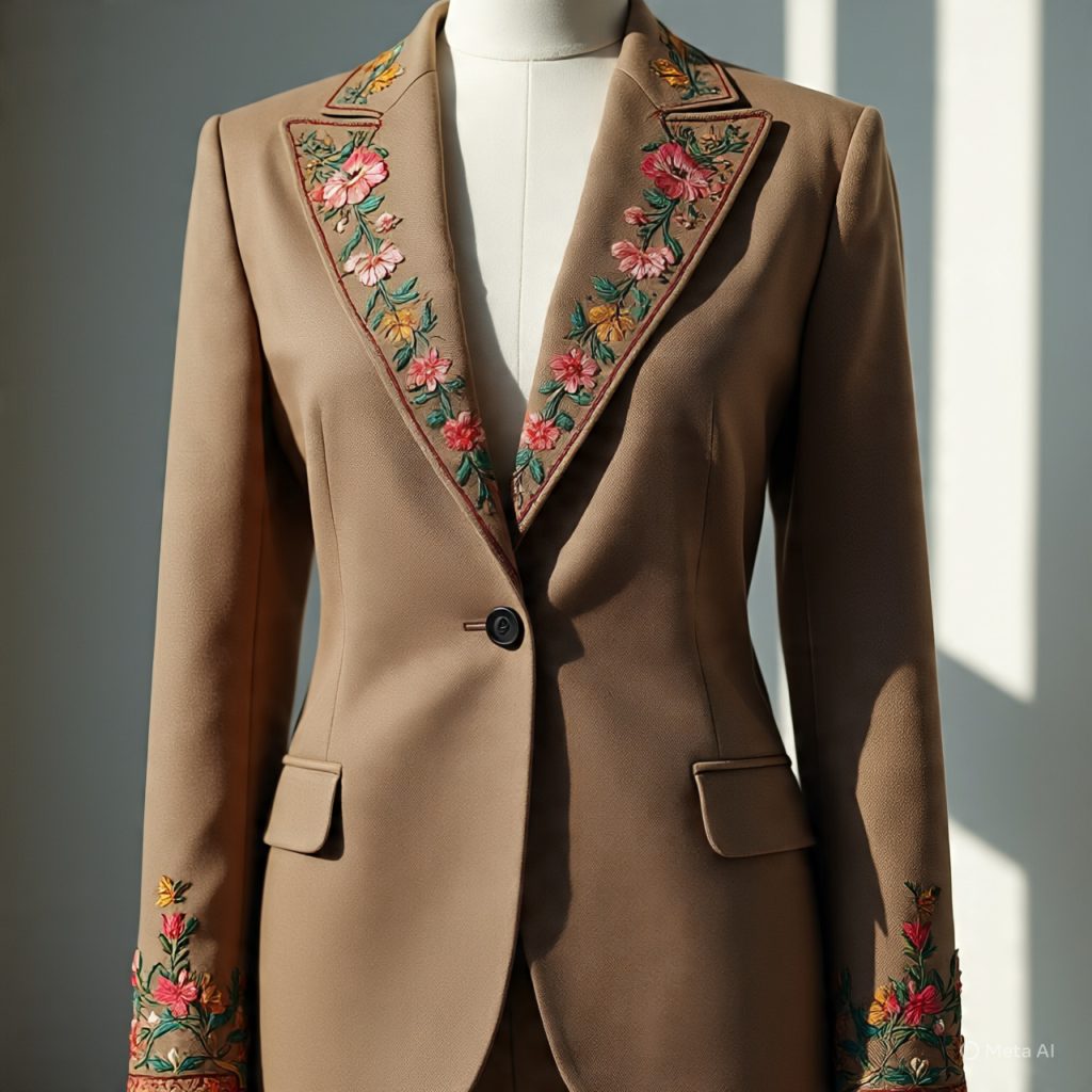 Embroidered blazer blending South Asian heritage craftsmanship with modern urban fashion styling