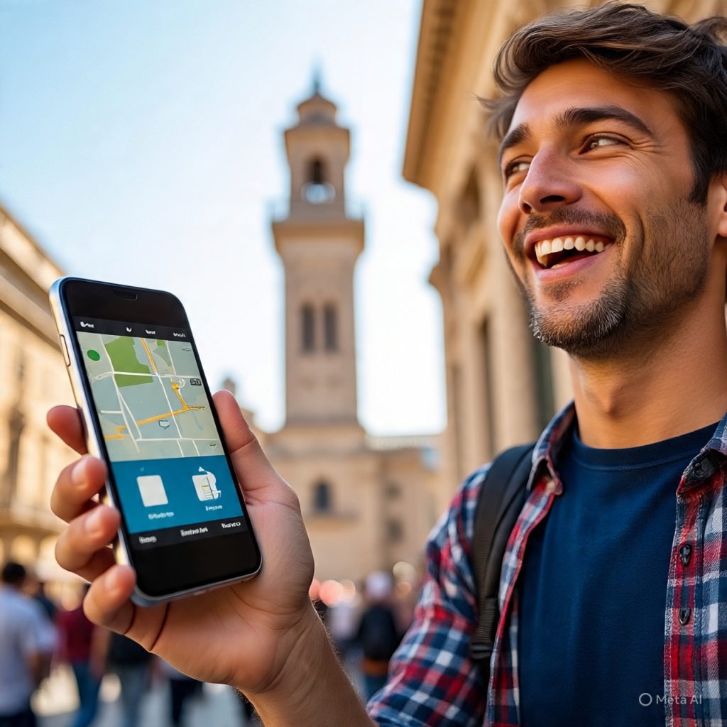 Traveler using modern technology like maps, translation apps, and digital tools to enhance travel experiences