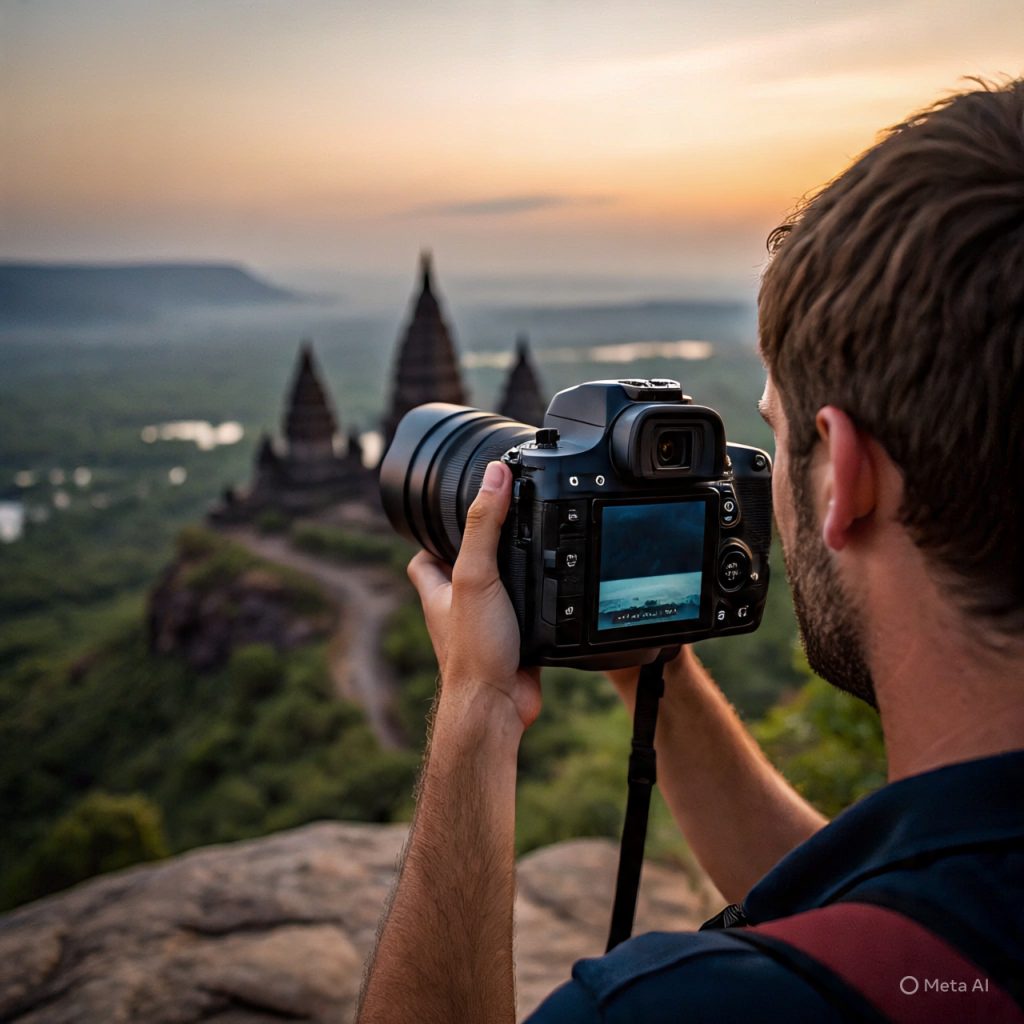 Traveler capturing beautiful memories through photography of landscapes, architecture, and local culture during travel experiences