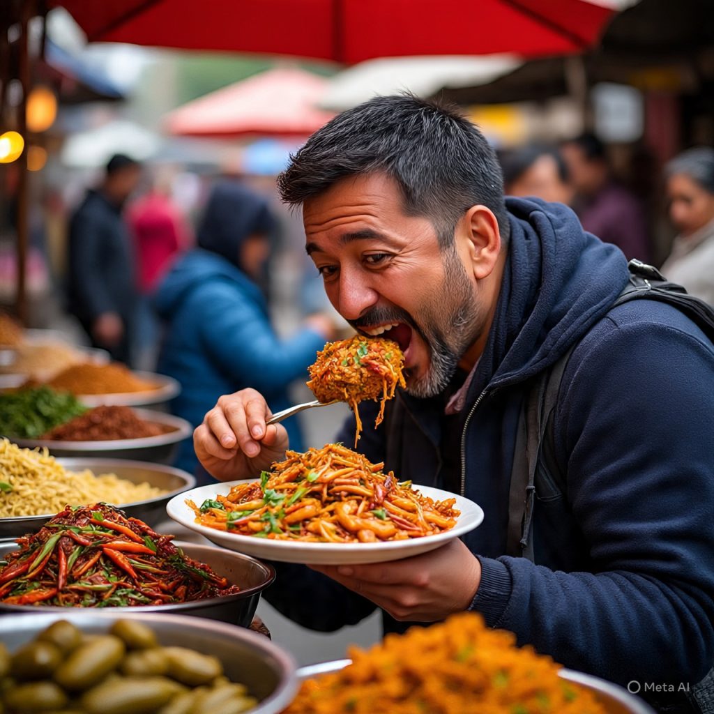 Traveler enjoying local cuisine, tasting traditional dishes, and exploring culinary experiences while traveling