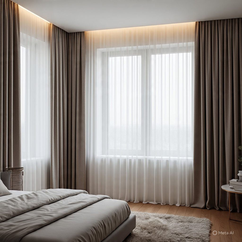 Modern bedroom with layered curtains combining sheer drapes and neutral blackout panels for privacy and style
