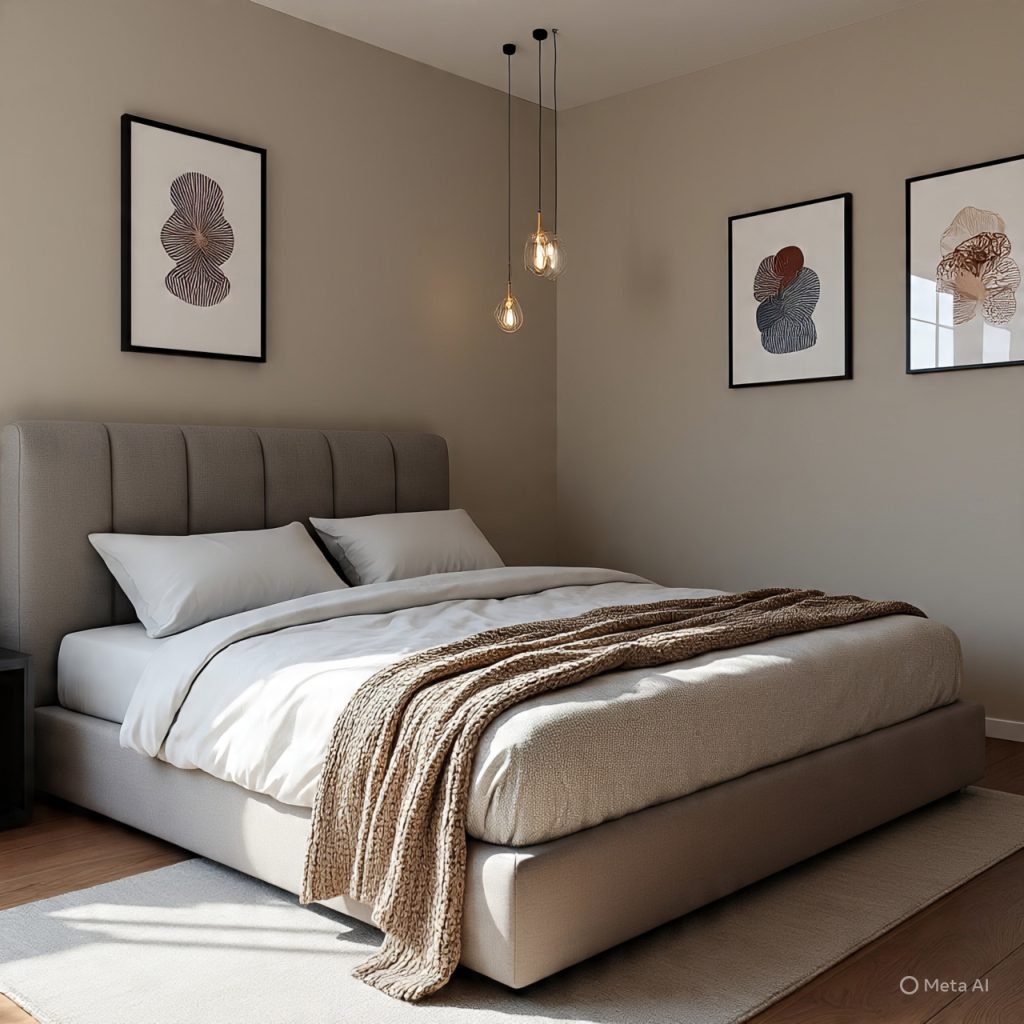 Modern bedroom with layered textures such as soft bedding, upholstered headboard, and cozy fabric accents