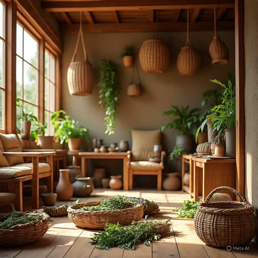 Neo-Medievalism lifestyle promoting nature-focused and sustainable living with natural materials and greenery