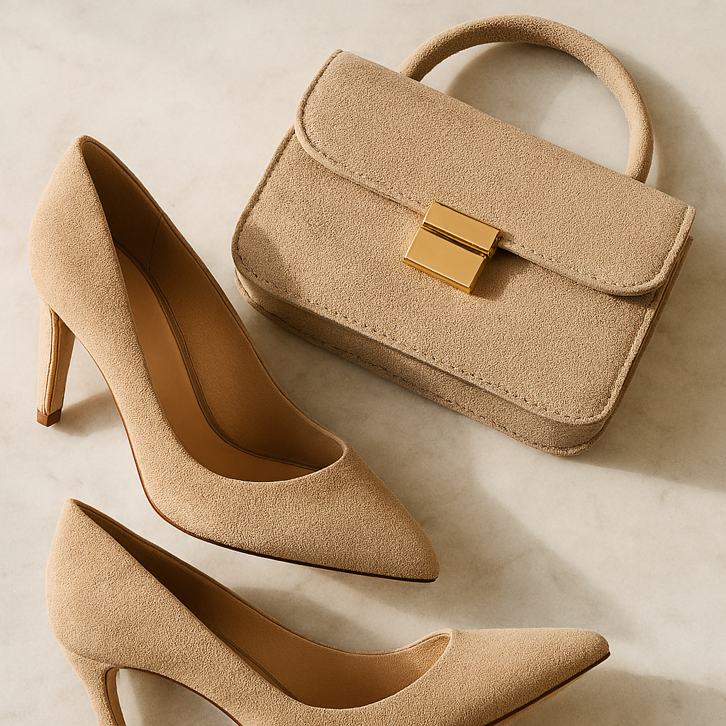 Suede heels paired with matching suede handbag showing textural harmony
