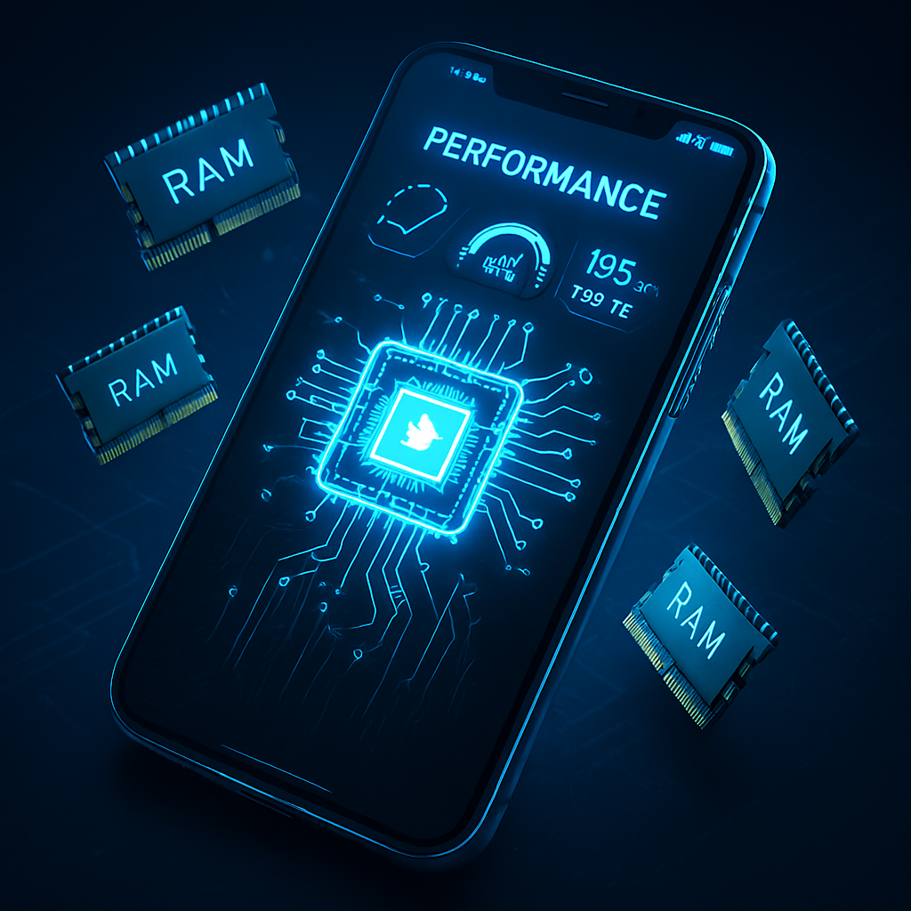 “Mobile phone performance concept showing processor chipset and RAM memory responsible for fast app performance and smooth multitasking