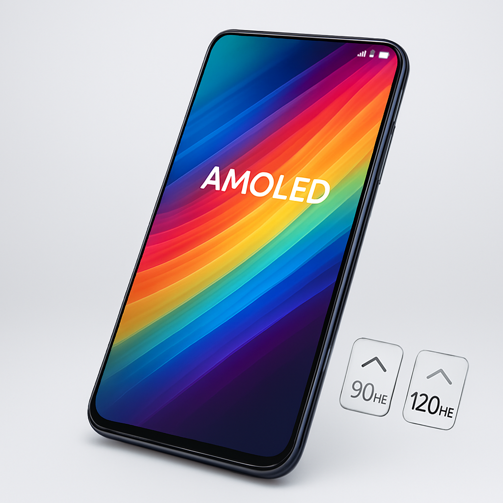 “Modern mobile phone with large AMOLED display showing vibrant colors and smooth 90Hz or 120Hz refresh rate for better viewing and gaming experience