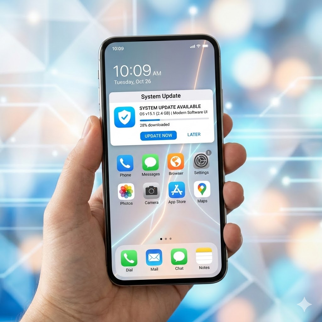 “Mobile phone software interface showing system updates, security protection, and a clean user experience for stable and secure smartphone performance