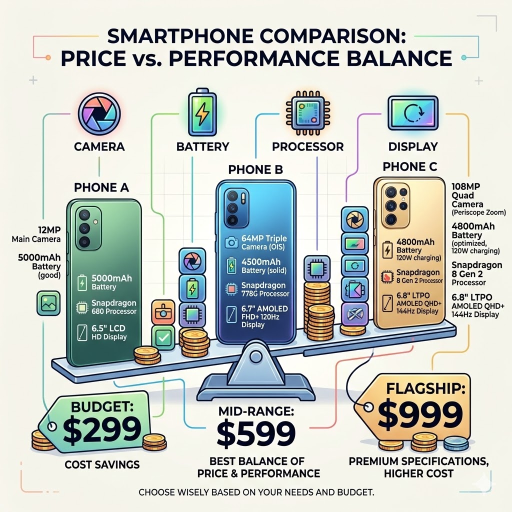 “Smartphone comparison showing price tags and key features like camera, battery, processor, and display to evaluate value for money